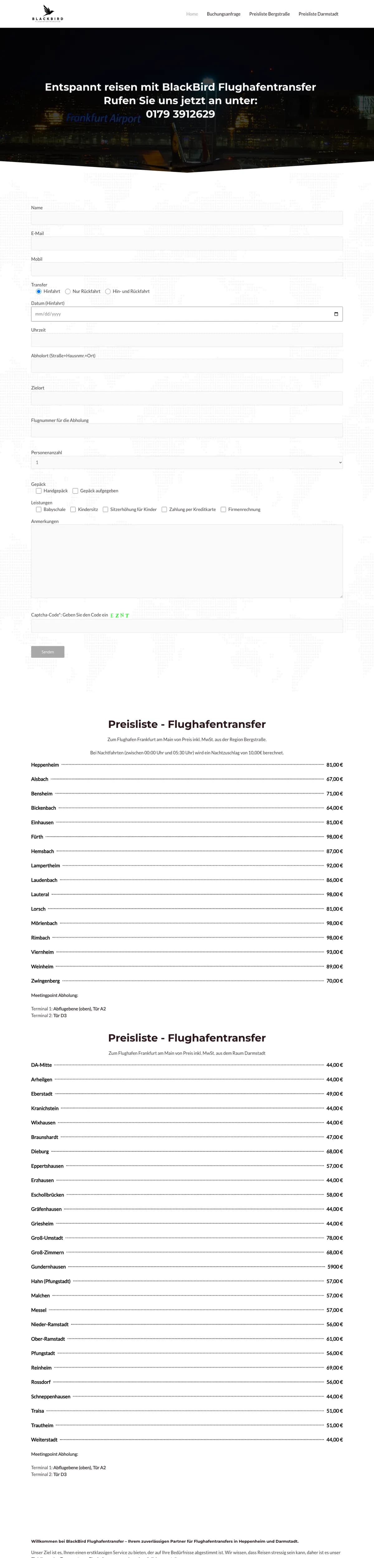 Website von Blackbird Flughafentransfer
